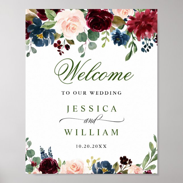 Affiche Burgundy Navy Blush Fleurs Mariage Bienvenue (Devant)