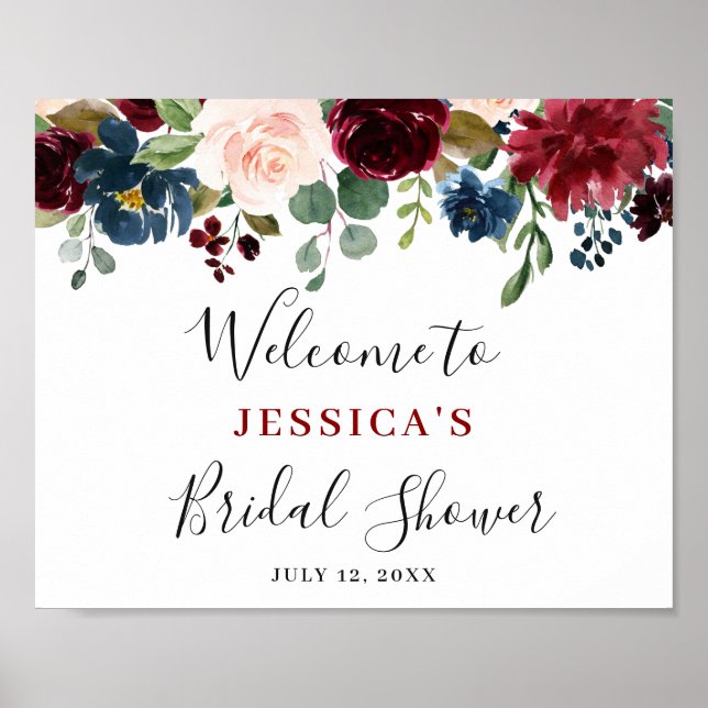 Affiche Burgundy Navy Blush Floral BRIDAL SHOWER Welcome (Devant)