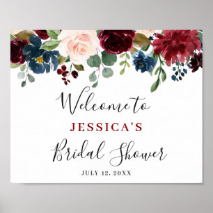 Affiche Burgundy Navy Blush Floral BRIDAL SHOWER Welcome