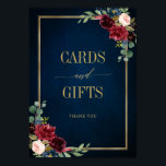 Affiche Burgundy Navy Blush Floral Gold Cards and Gifts<br><div class="desc">Elegant and modern romantic geometric watercolor floral cards and gifts poster features a beautiful burgundy / marsala , blush pink, peach , navy blue watercolor roses with matching foliage on navy blue rustic wood background and gold frame. Perfect for a fall / midsummer wedding. Please find more matching designs and...</div>