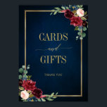 Affiche Burgundy Navy Blush Floral Gold Cards and Gifts<br><div class="desc">Elegant and modern romantic geometric watercolor floral cards and gifts poster features a beautiful burgundy / marsala , blush pink, peach , navy blue watercolor roses with matching foliage on navy blue rustic wood background and gold frame. Perfect for a fall / midsummer wedding. Please find more matching designs and...</div>