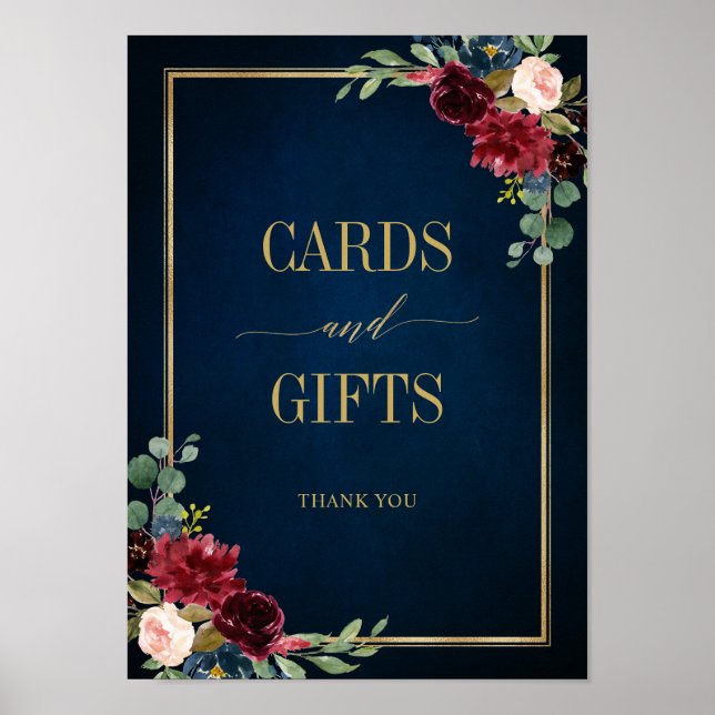 Affiche Burgundy Navy Blush Floral Gold Cartes et Cadeaux (Devant)