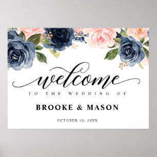 Affiche Burgundy Navy Blush Floral Rustic Mariage Bienvenu