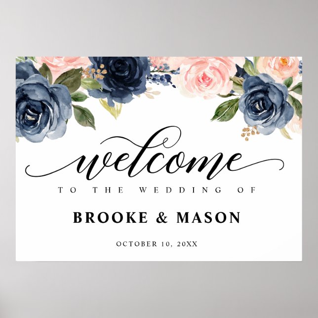 Affiche Burgundy Navy Blush Floral Rustic Mariage Bienvenu (Devant)