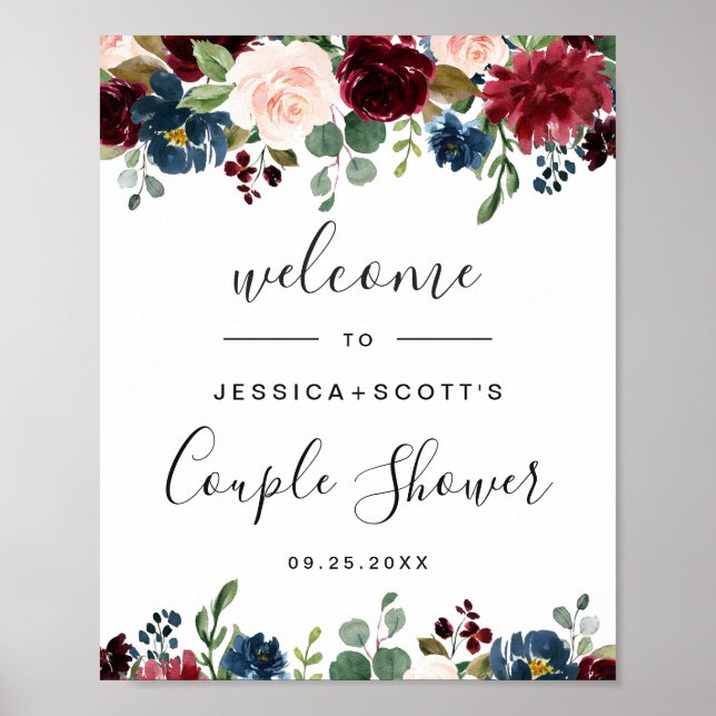 Affiche Burgundy Navy Fleurs Bienvenue COUPLE SHOWER Panne (Devant)