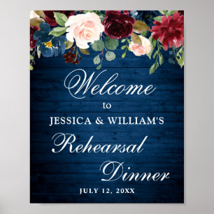 Affiche Burgundy Navy Floral Bienvenue Panneau de Salle à
