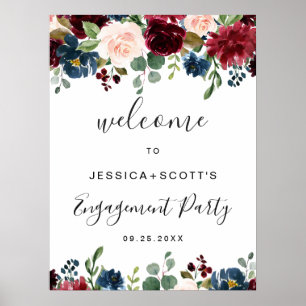 Affiche Burgundy Navy Floral Welcome Engagement Party Sign
