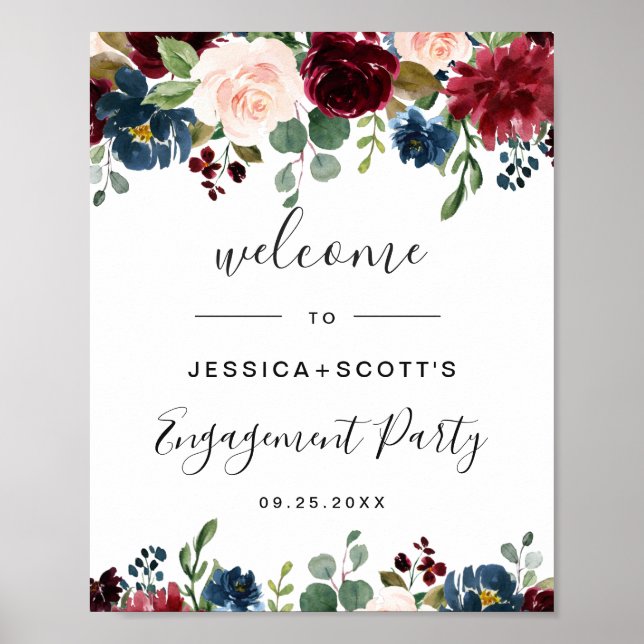Affiche Burgundy Navy Floral Welcome Engagement Party Sign (Devant)