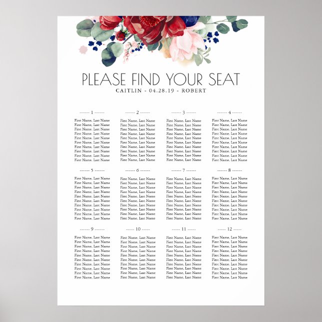 Affiche Burgundy Navy Flowers Boho Mariage Seating Chart (Devant)