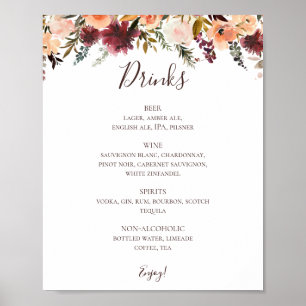 Affiche Burgundy Orange Floral Wedding Drinks Menu Sign