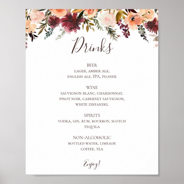 Affiche Burgundy Orange Floral Wedding Drinks Menu Sign (Devant)