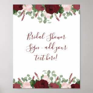 Affiche Burgundy Pink Floral Bridal Shower Decor Sign