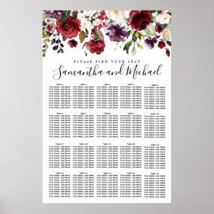 Affiche Burgundy Red Floral 20-Table Wedding Seating Chart