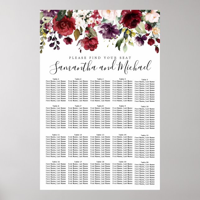Affiche Burgundy Red Floral 20-Table Wedding Seating Chart (Devant)