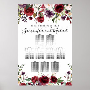 Affiche Burgundy Red Floral 9-Table Wedding Seating Chart