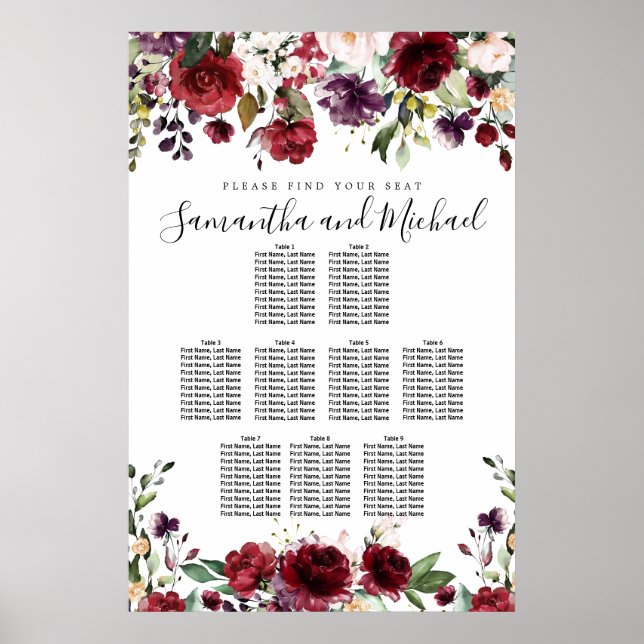 Affiche Burgundy Red Floral 9-Table Wedding Seating Chart (Devant)