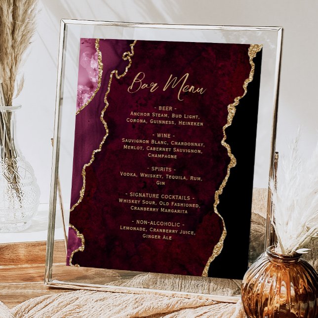 Affiche Burgundy Red Gold Agate Script Wedding Bar Menu  (Créateur téléchargé)