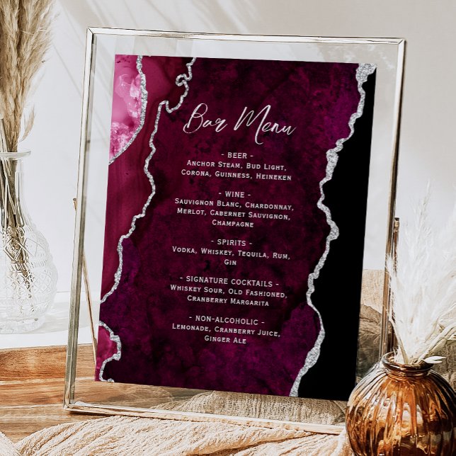 Affiche Burgundy Red Silver Agate Script Wedding Bar Menu  (Créateur téléchargé)
