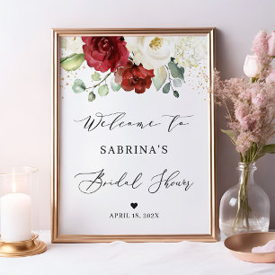 Affiche Burgundy Red White Rose Floral Bridal Shower Sign