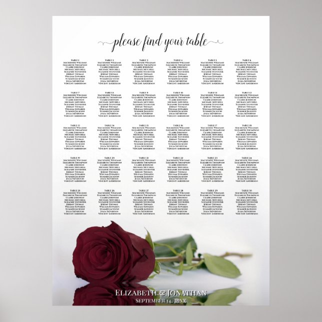 Affiche Burgundy Rose 30 Table Chic Plan de table de maria (Devant)