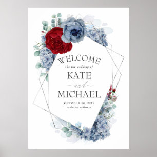 Affiche Burgundy Rouge et Dusty Blue Floral Mariage Bienve