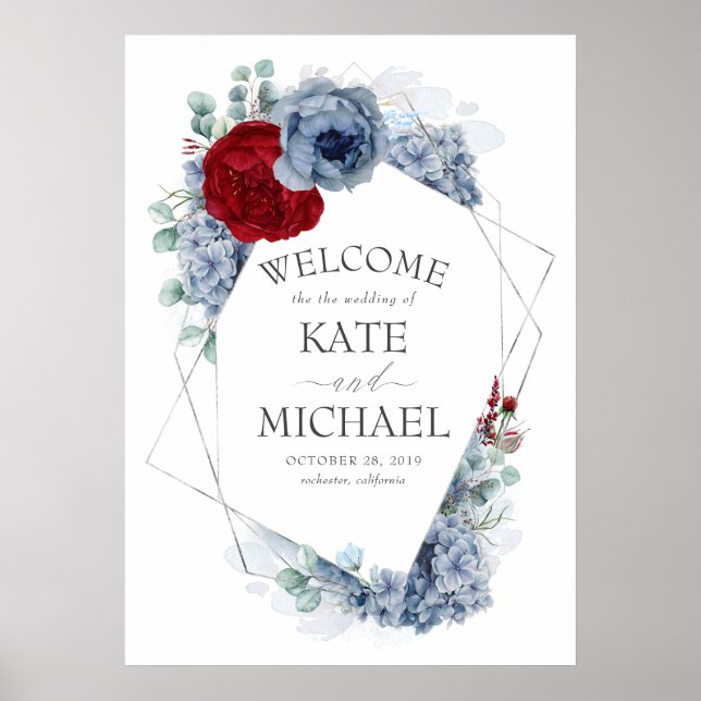 Affiche Burgundy Rouge et Dusty Blue Floral Mariage Bienve (Devant)