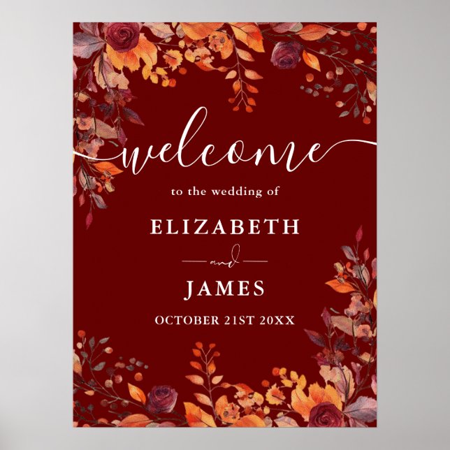 Affiche Burgundy Rustic Floral Fall Wedding Welcome Sign (Devant)