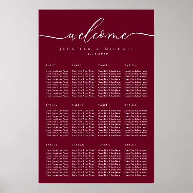 Affiche Burgundy Script Bienvenue Mariage Table assise (Devant)