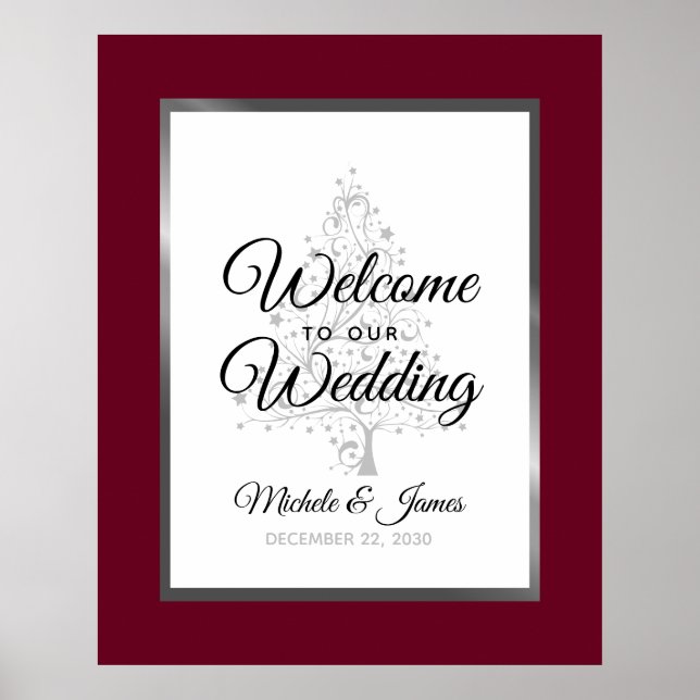 Affiche Burgundy Silver Winter Holiday Mariage Bienvenue (Devant)