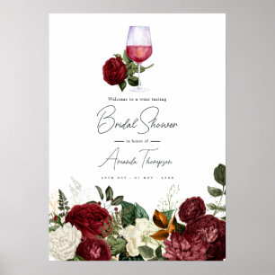 Affiche Burgundy & White Floral Wine Tasting Bridal Shower