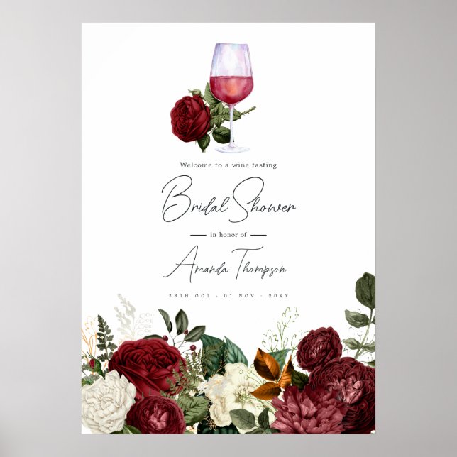 Affiche Burgundy & White Floral Wine Tasting Bridal Shower (Devant)
