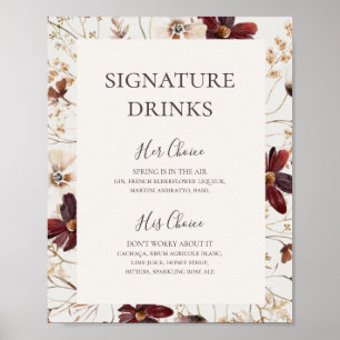 Affiche Burgundy Wildflower   Panneau de boissons de signa