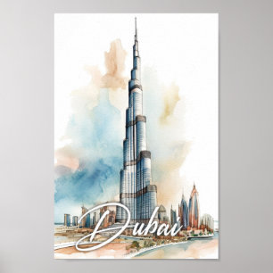 Affiche Burj Khalifa Dubai Aquarelle Peinture Voyage