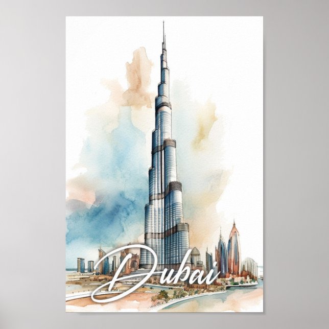 Affiche Burj Khalifa Dubai Aquarelle Peinture Voyage (Devant)