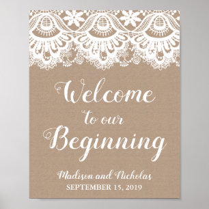 Affiche Burlap et dentelle Bienvenue à notre panneau de dé