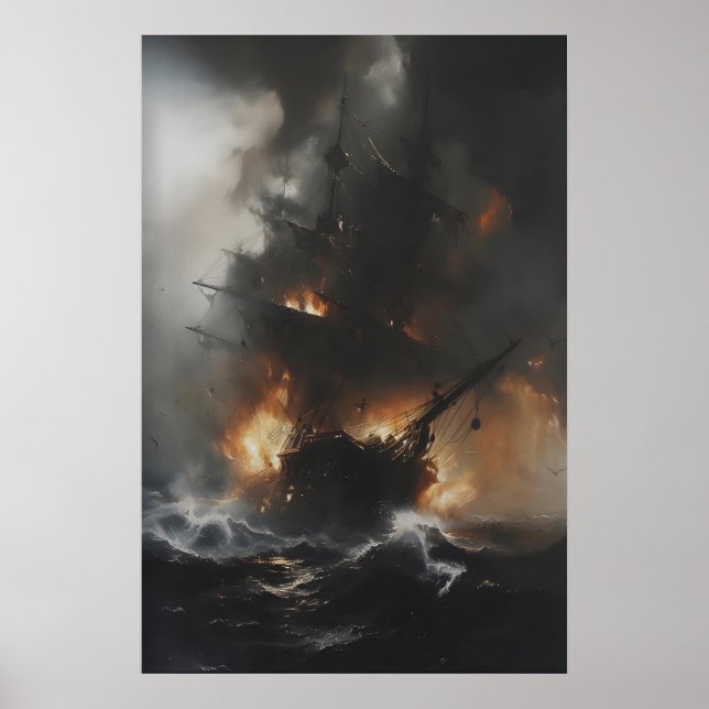 Affiche Burning Pirate Ship in Stormy Ocean Gothic Nautica (Devant)