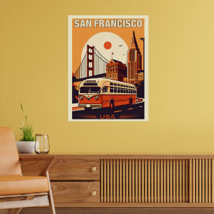 Affiche Bus vintage San Francisco City sur route, Californ
