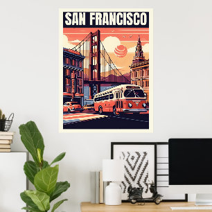 Affiche Bus vintage San Francisco City sur route, Californ