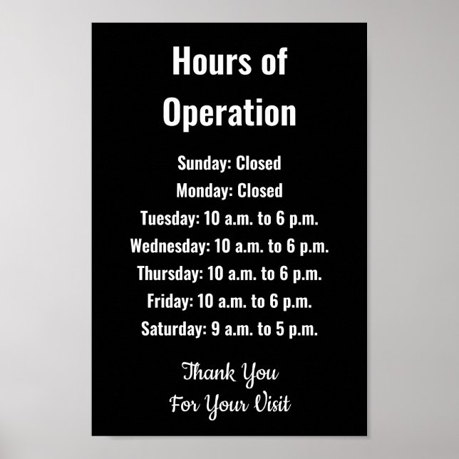 Affiche Business Hours of Operation Black & White Template (Devant)