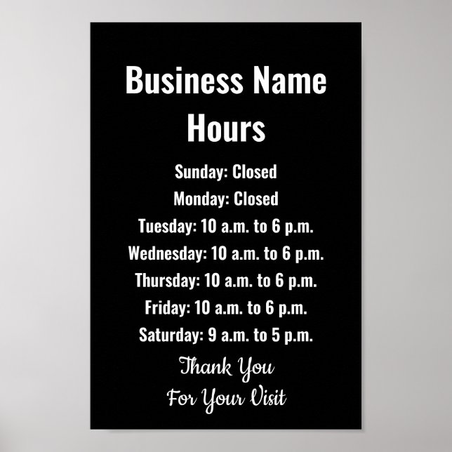 Affiche Business Name Hours Black and White Template (Devant)