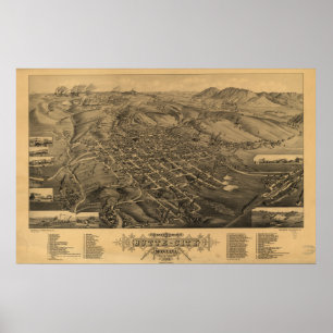 Affiche Butte Montana 1884 Antique carte panoramique