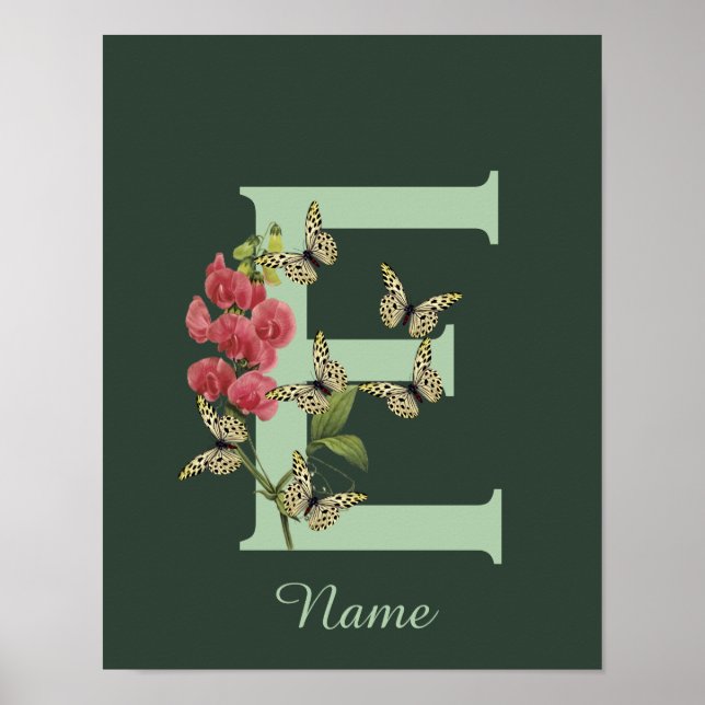 Affiche Butterflies Flower Monogram Initial E Personalized (Devant)