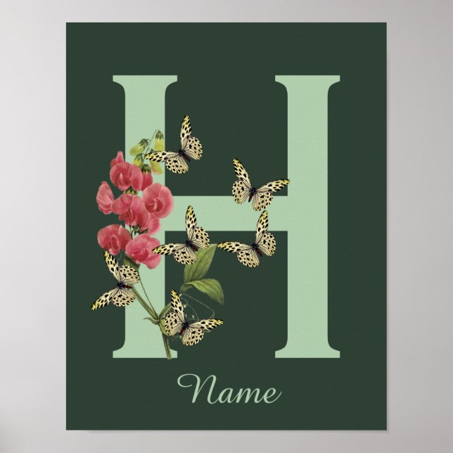 Affiche Butterflies Flower Monogram Initial H Personalized (Devant)