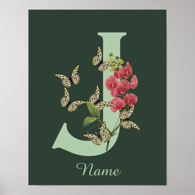 Affiche Butterflies Flower Monogram Initial J Personalized (Devant)