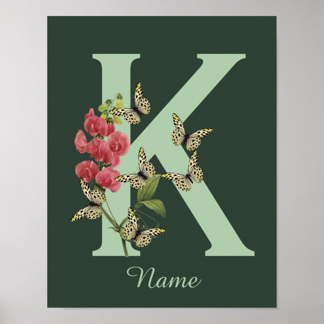 Affiche Butterflies Flower Monogram Initial K Personalized (Devant)