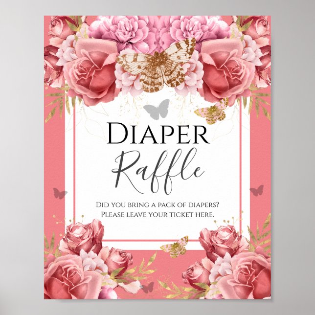 Affiche Butterfly Baby Shower Diaper Raffle Party Sign (Devant)
