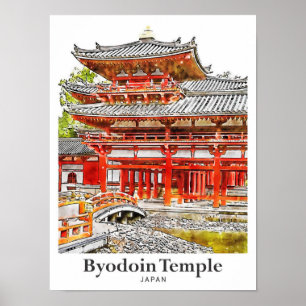 Affiche Byodoin Temple Japon Voyage Aquarelle main tirée