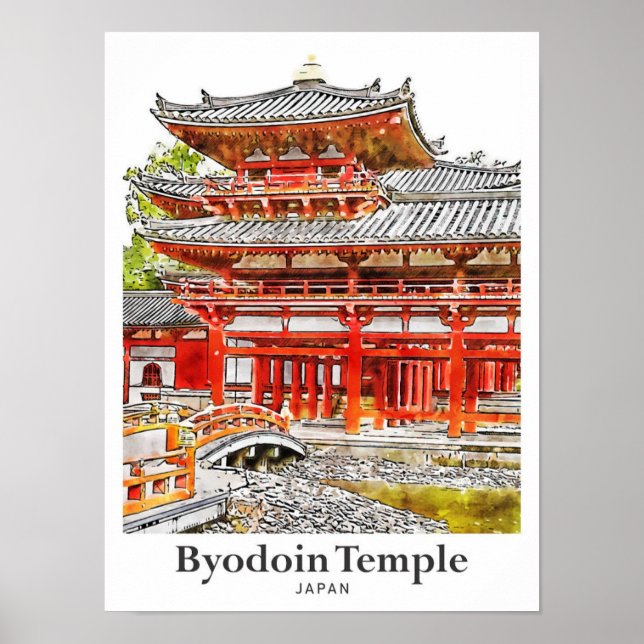 Affiche Byodoin Temple Japon Voyage Aquarelle main tirée (Devant)