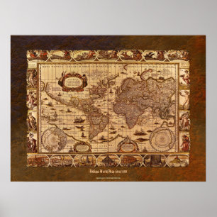 Affiche c1499 Antique World Map Art w Organic Border