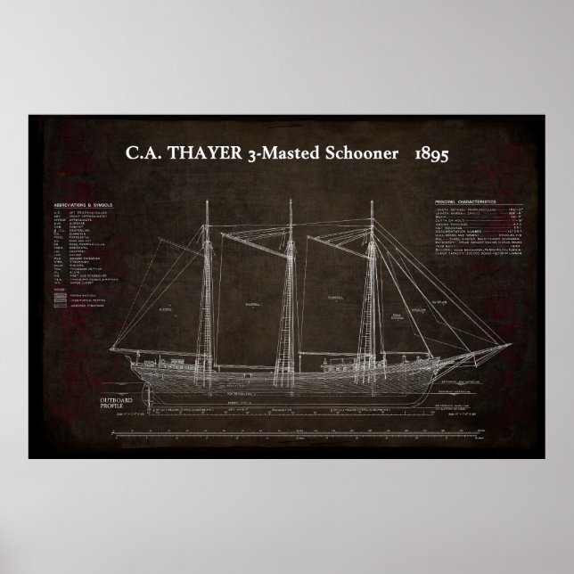 Affiche C.A. THAYER 3-Mastered Schooner Blueprint 1895 (Devant)